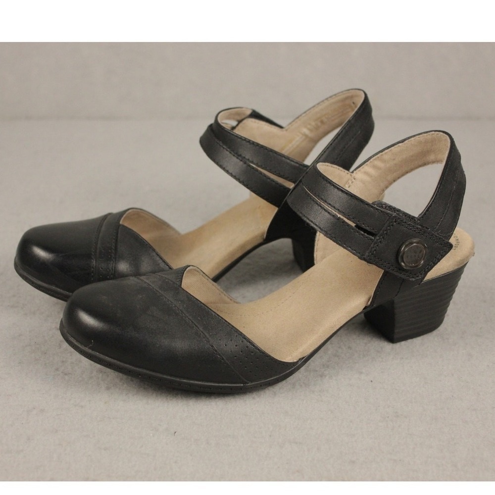 Clarks Collection Womens Black Leather Ankle Strap Block Heel Pumps Size 8M‎